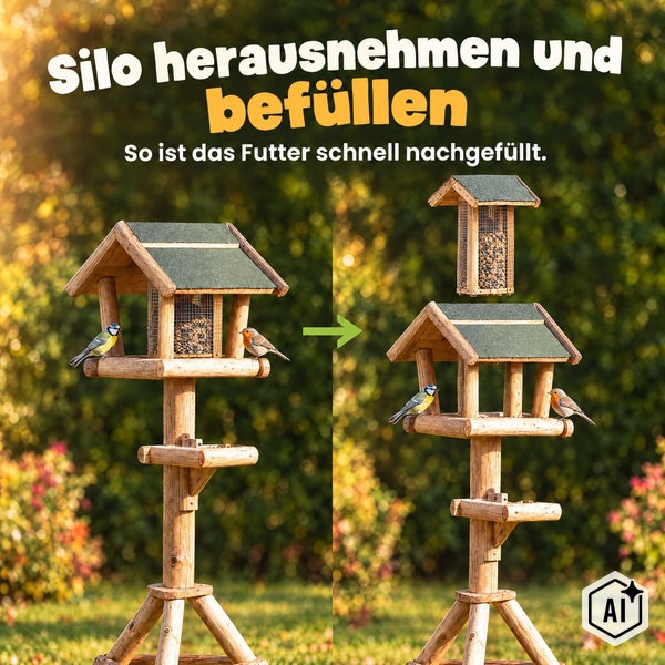 Vogelhaus mit herausnehmbarem Futtersilo auf einem Holzständer zur einfachen Befüllung für Wildvögel im Garten.