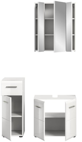 Dreiteiliges Badezimmermöbel Set in Weiß bestehend aus Spiegelschrank, Waschbeckenunterschrank und Seitenschrank mit offenen Türen.