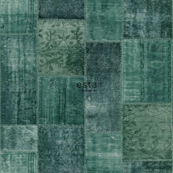 ESTAhome Tapete orientalisches-Marrakech Kelim-Patchwork Smaragdgrün - 53 cm x 10.05 m - 148652