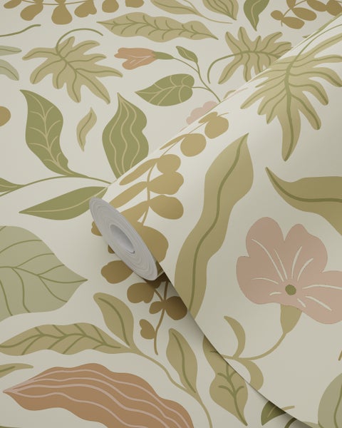 ESTAhome Tapete Blätter und Blumen Olivgrün, Terrakotta und Rosa - 50 x 900 cm - 131052
