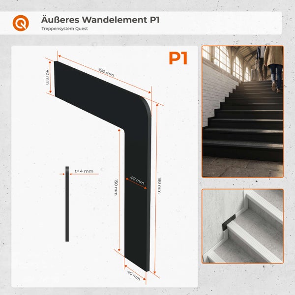 Äußeres Wandelement P1 für Treppensystem Quest, L-Profil, 190 mal 190 Millimeter, Breite 40 Millimeter, Stärke 4 Millimeter.
