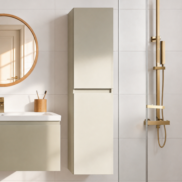 Moderner Badezimmer Hochschrank in einem Badezimmer mit Waschbecken, Spiegel und Duscharmatur an einer gefliesten Wand.