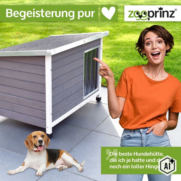 Eine Frau zeigt auf eine graue Holzhundehütte mit Flachdach und Lamellentür, daneben liegt ein Beagle auf einer Terrasse, Zooprinz Logo.