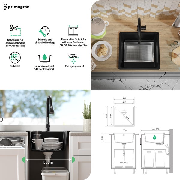PRIMAGRAN Granitspüle Alles Schwarz 46x44cm, Spülbecken 1 Becken + Küchenarmatur 32x20cm + Ablauf-Set, Küchenspüle ab 50er Unterschrank - Venedig Slim Easy