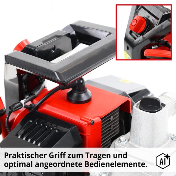 Tragegriff und Bedienungselemente an einer Gartenpumpe mit Detailansicht des Schalters.