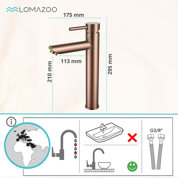 Lomazoo Waschtischarmatur mit Maßangaben, geeignet für Aufsatzwaschbecken mit G drei Achtel Zoll Anschlussschläuchen.