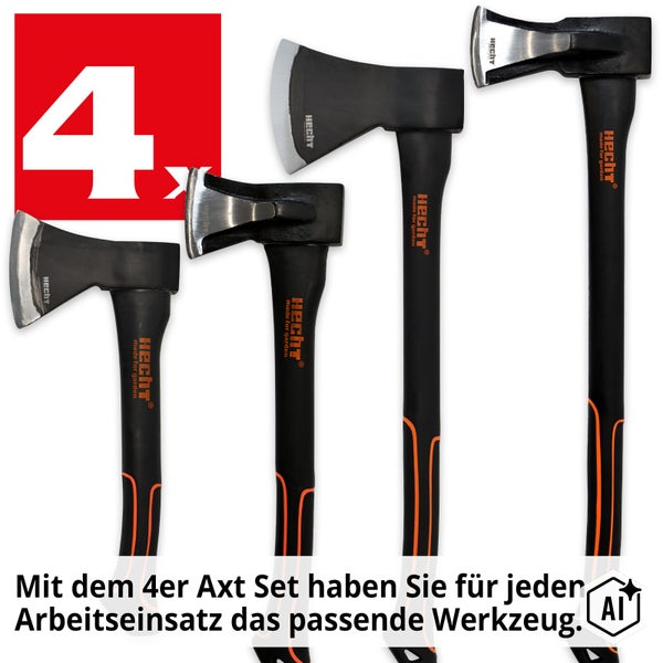 Hecht Axt Set bestehend aus vier verschiedenen Äxten mit Axtkopf aus Stahl und ergonomischem Stiel für Gartenarbeiten