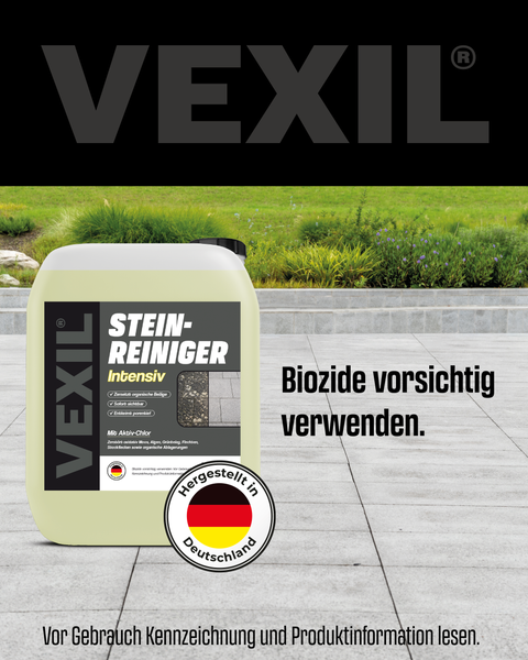 VEXIL Steinreiniger Intensiv Kanister zur Beseitigung von Algen und Moos mit Aktivchlor hergestellt in Deutschland.