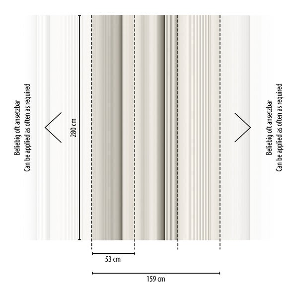 Fototapete mit vertikalen Streifen, 280 Zentimeter hoch, Bahnbreite 53 Zentimeter, beliebig oft ansetzbar, Gesamtbreite 159 Zentimeter.