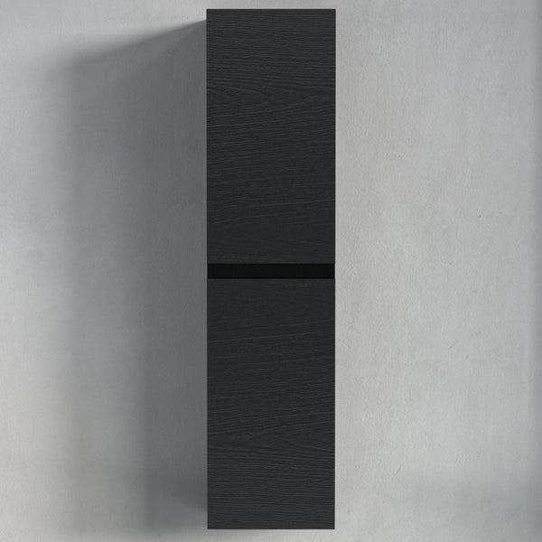 Hochschrank für das Badezimmer mit Holzstruktur in Schwarz.