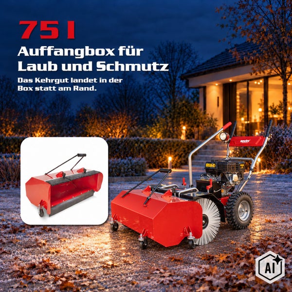 Hecht Kehrmaschine mit 75 Liter Auffangbehälter für Laub und Schmutz auf einer gepflasterten Fläche vor einem beleuchteten Wohnhaus.