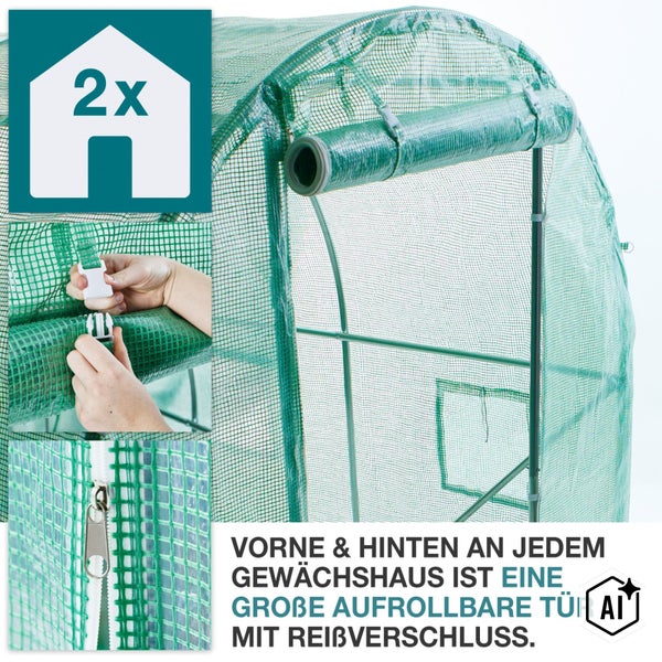 Folien-Gewächshaus mit zwei aufrollbaren Türen inklusive Reißverschluss und Steckverschlüssen für den Garten.