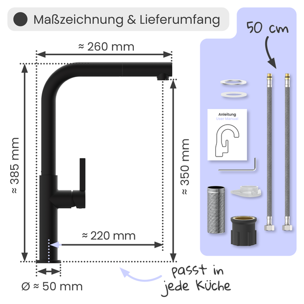 Maßzeichnung und Lieferumfang einer Küchenarmatur mit den Maßen 260 mm Breite, 385 mm Höhe und 50 mm Durchmesser
