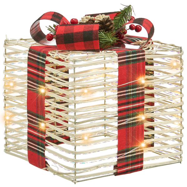 Dekoratives beleuchtetes Geschenk aus Rattan mit Schleife und Ornamenten