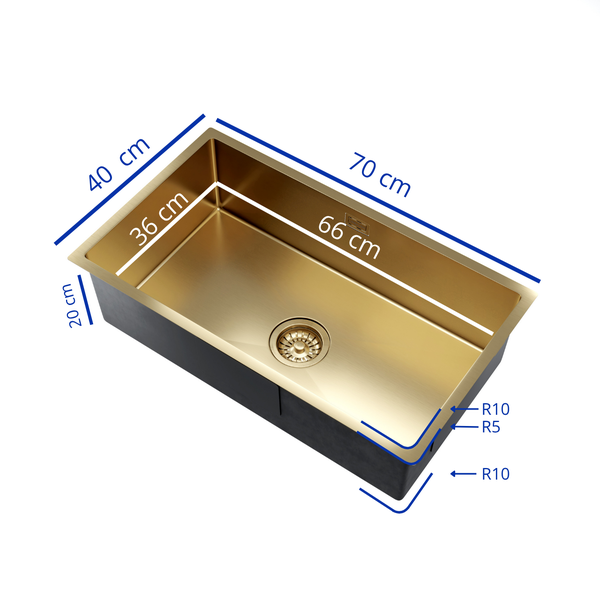 Einbau-Küchenspüle aus Edelstahl mit Maßangaben in Zentimetern.