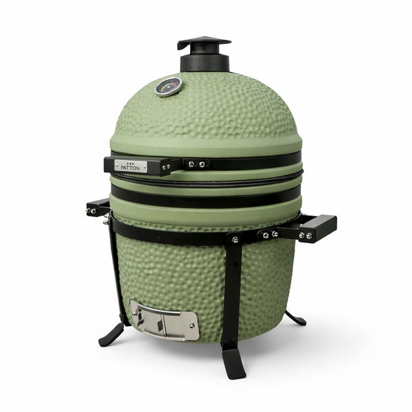 Keramikgrill in Eiform mit Thermometer und schwarzem Metallgestell