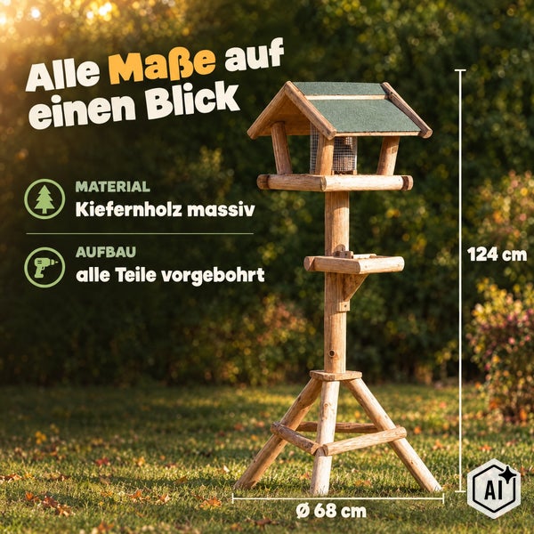 Vogelhaus aus massivem Kiefernholz auf einem Stativ mit einer Höhe von 124 Zentimetern und einem Durchmesser von 68 Zentimetern.