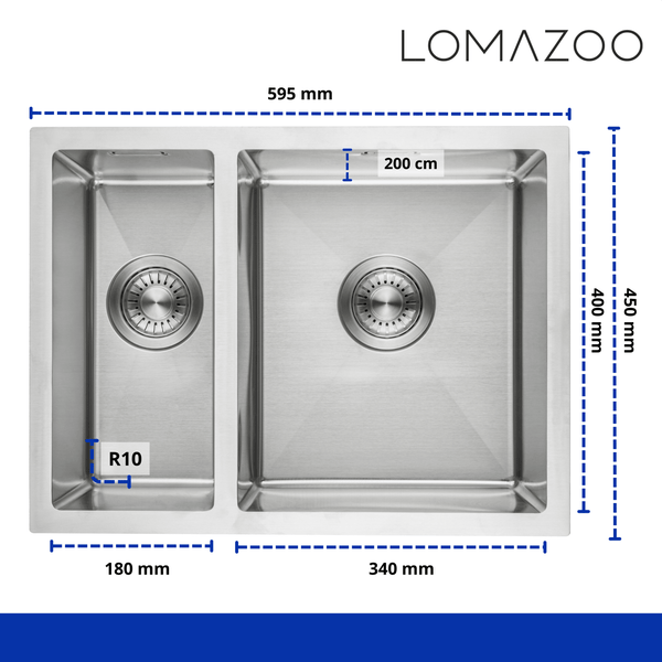 Edelstahl Einbauspüle von Lomazoo mit zwei Becken und Bemaßung. Lomazoo Logo.