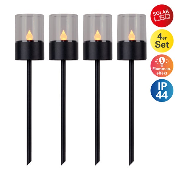 Viererpack Solar LED Gartenleuchten mit Flammeneffekt und IP44 Schutz