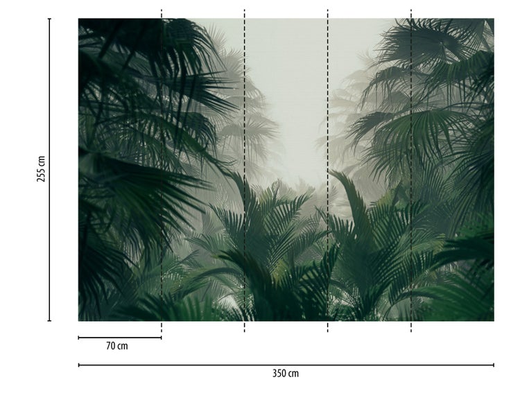 Fototapete mit Palmenblättern im Nebel, 350 Zentimeter breit, 255 Zentimeter hoch, bestehend aus 5 Bahnen mit je 70 Zentimeter Breite.