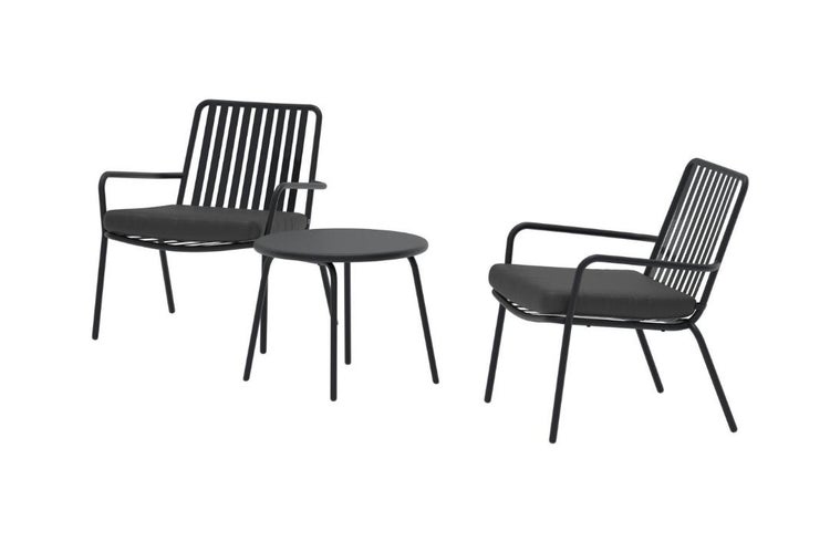 Balkonset aus Metall in Anthrazit, bestehend aus zwei Gartenstühlen mit Sitzkissen und einem runden Beistelltisch.
