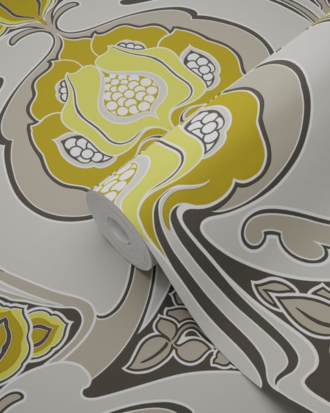 Origin Wallcoverings Tapete Jugendstil-Blumenmuster Ockergelb und Grau - 53 cm x 10.05 m - 347206