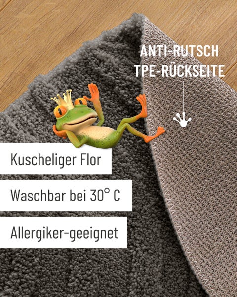 Badematte mit weichem Flor und rutschhemmender TPE-Rückseite, waschbar bei 30 Grad Celsius und für Allergiker geeignet.