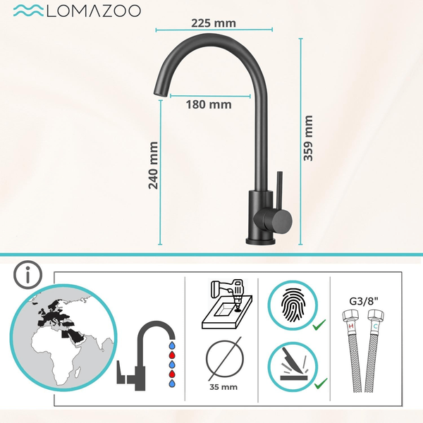 Technische Zeichnung einer Lomazoo Einhebel Küchenarmatur mit Maßangaben und Installationsmerkmalen.