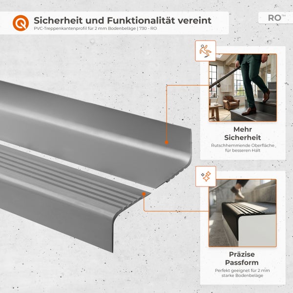PVC-Treppenkantenprofil für 2 Millimeter Bodenbeläge mit rutschhemmender Oberfläche und präziser Passform in einer hellen Raumszene. RO Logo.