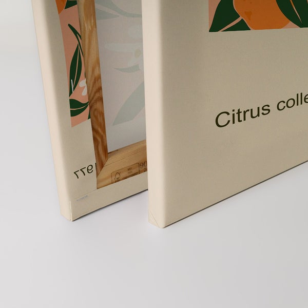 Nahaufnahme von zwei Leinwandbildern mit dem Aufdruck 'Citrus Collection' und einem Holzrahmen.