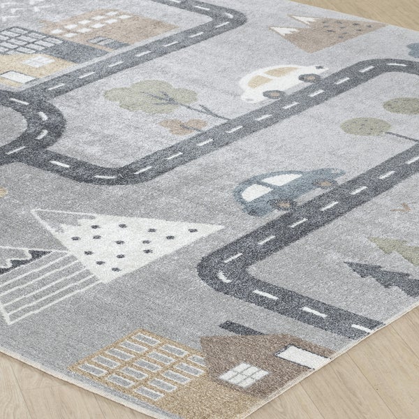 Maschinenwaschbarer Kinderteppich Autokreis Blau/Grau 160x213 cm VROOMVILLE