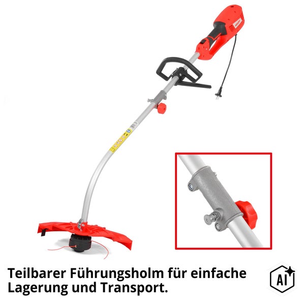 Elektrische Rasentrimmer von Hecht mit teilbarem Führungsholm für einfachen Transport und Lagerung.