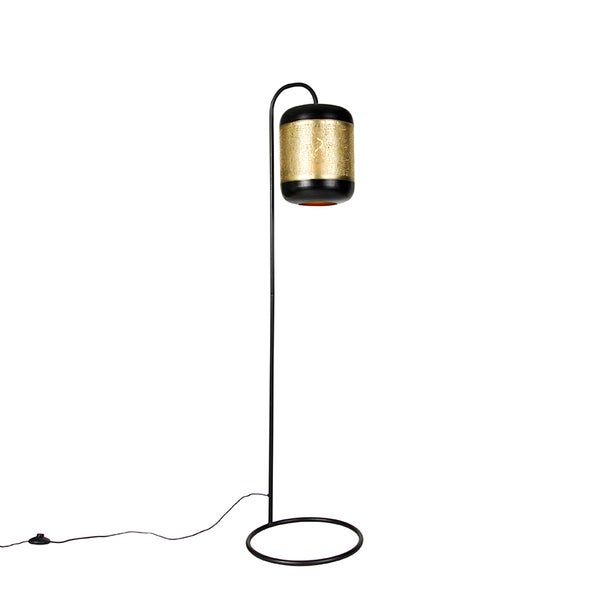 QAZQA - Industrie I Vintage I Vintage Stehlampe schwarz mit Messing - Kayleigh I Wohnzimmer I Schlafzimmer - Stahl Rund - LED geeignet E27