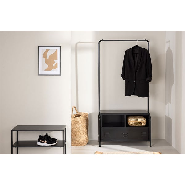 Quito Garderobenständer 1 Schublade, 2 Regale schwarz. 100 X 40 X 175 cm