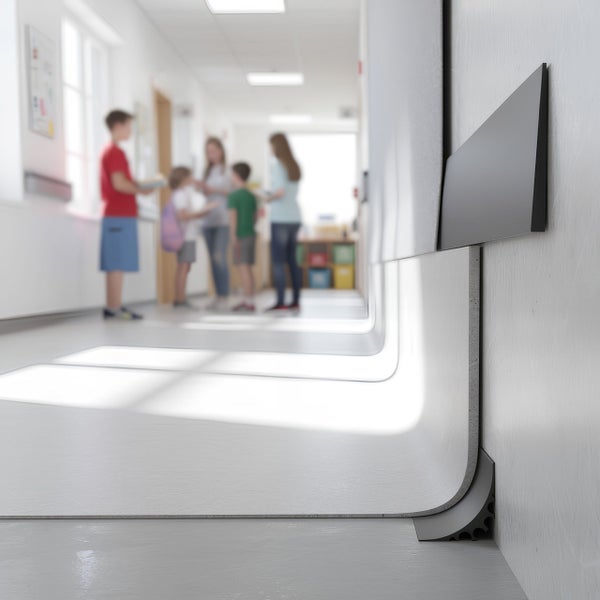 Bodenbelag in einem hellen Flur mit Personengruppe im Hintergrund.