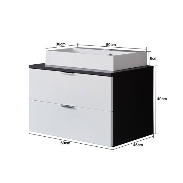 ConceptOne Bad Waschbeckenunterschrank 2 Schubladen, Waschbecken grau, weiß Hochglanz, MineralgussAufsatzwaschbecken Weiß. 60 X 45 X 48 cm