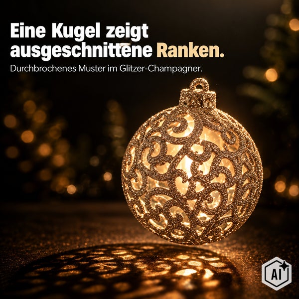 Weihnachtskugel mit durchbrochenem Rankenmuster und Glitzereffekt für festliche Dekoration.