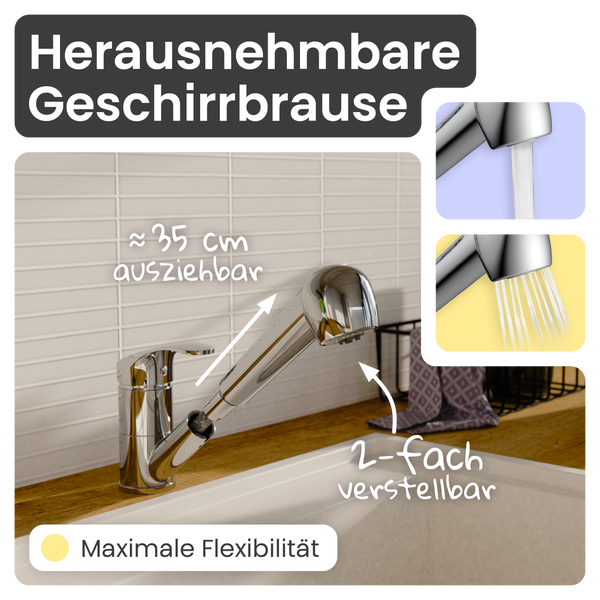 Küchenarmatur mit herausziehbarer Geschirrbrause, circa 35 cm ausziehbar, zwei einstellbare Strahlarten.
