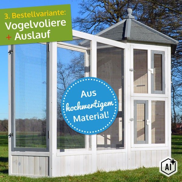 Vogelvoliere mit angeschlossenem Auslauf aus Holz mit Drahtgitter und spitzem Dach für den Außenbereich