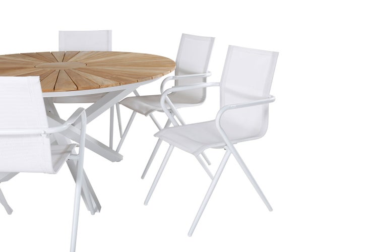 Gartentischset mit rundem Holztisch und weißen Stühlen