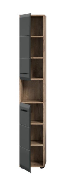 Badezimmer-Hochschrank in Holzoptik mit zwei anthrazitfarbenen Türen und einem offenen Regalfach in der Mitte.