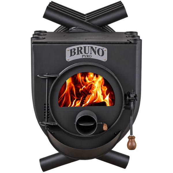 Bruno Pyro Warmluftofen aus Stahl mit Sichtfenster und brennendem Feuer