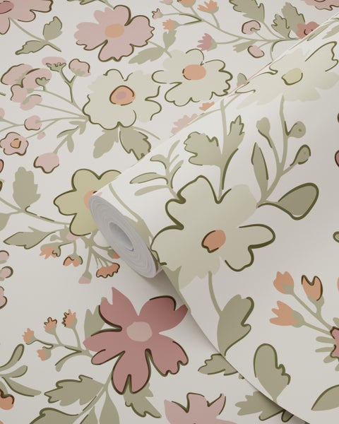 ESTAhome Tapete Blumen Terrakotta, Grün und Weiß - 50 x 900 cm - 131324