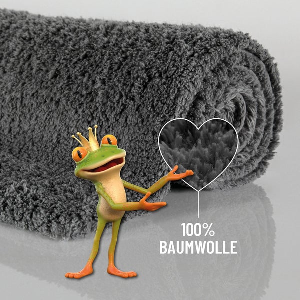 Runder dunkelgrauer Badteppich mit Hochflor auf Holzboden neben einer Badewanne im Badezimmer.