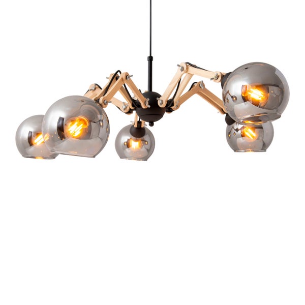 5er Glas-Pendelleuchte SOITO Hängelampe aus Metall, Glas und Gummibaumholz, mit E14-Fassung, für Esszimmer, Wohnzimmer, Diele oder Büro, 80 cm Durchmesser