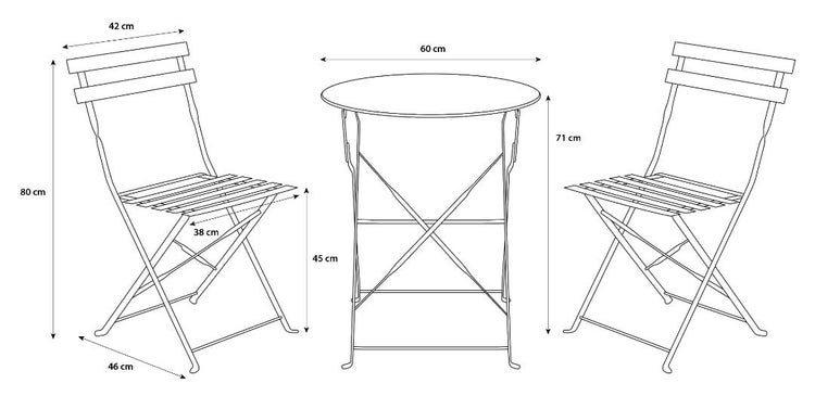 Dreiteiliges Balkonset mit Maßen: Tisch 60 Zentimeter Durchmesser, 71 Zentimeter hoch; Stühle 80 Zentimeter hoch, 42 Zentimeter breit.