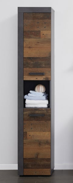 CancunIndy Bad Hochschrank 2 Türen, 1 offenes Fach Eiche Dekor, Old Wood Dekor. 36 X 31 X 184 cm