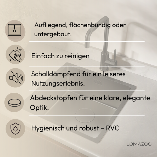 Produktmerkmale einer Lomazoo Edelstahlspüle mit Einbauoptionen, Reinigungsfreundlichkeit, Schalldämmung, Abdeckstopfen und robuster Materialqualität.