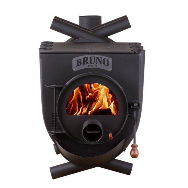 Holzofen mit Sichtfenster und Flammen