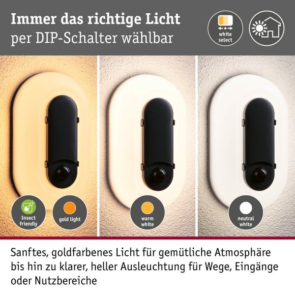 Außenwandleuchte mit drei einstellbaren Lichtfarben per DIP-Schalter: insektenfreundliches Goldlicht, Warmweiß und Neutralweiß.